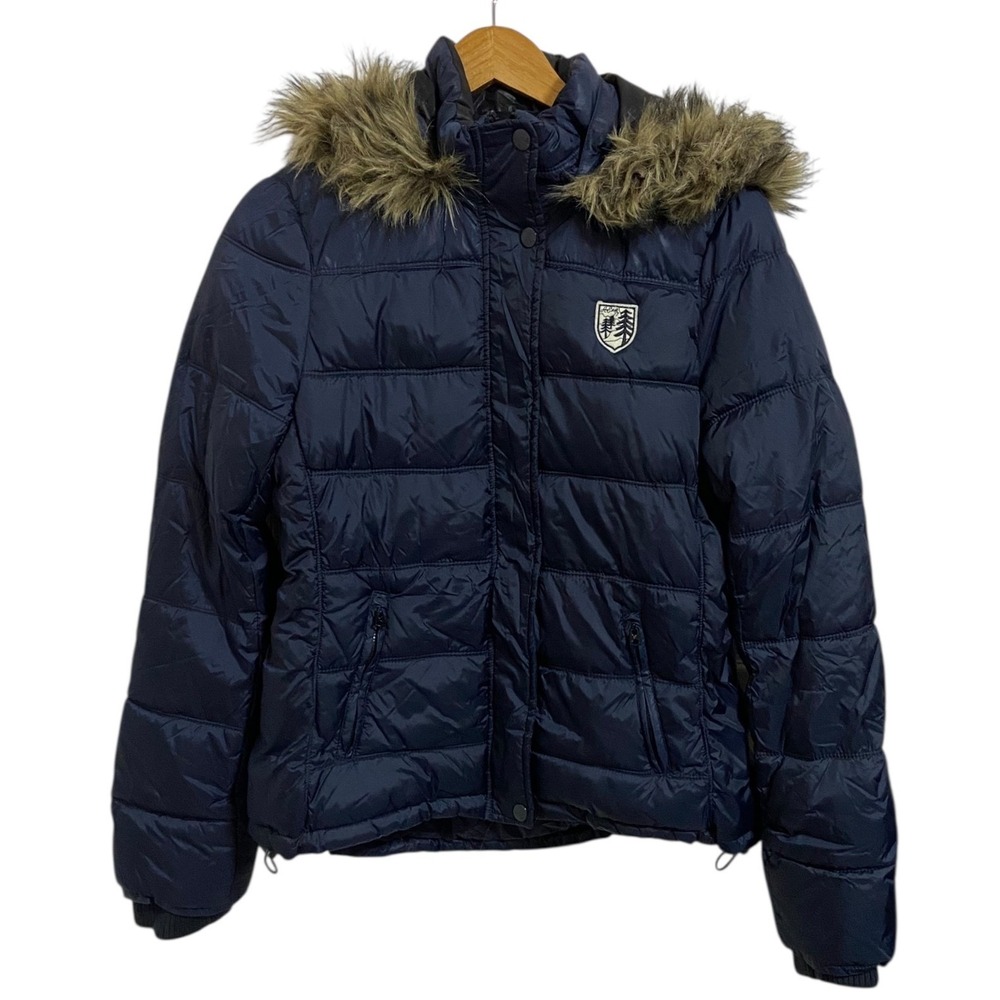 American Eagle Outfitters Puffer Jacket Fur Hood Navy Blue Quilted Winter Coat L